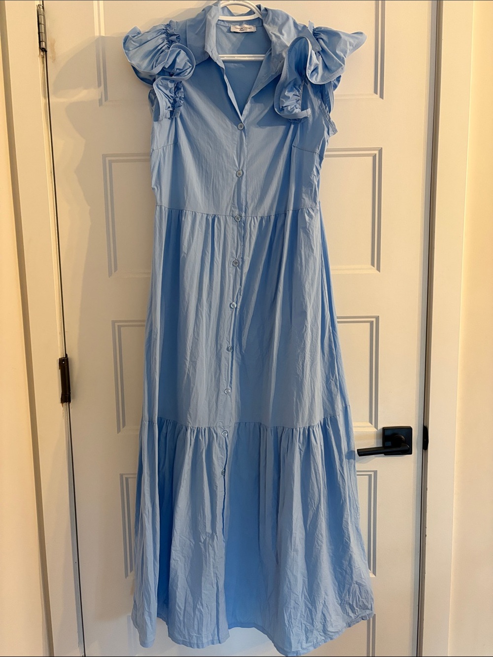 Cotton Soft Blue Button-Front Maxi Dress with Ruffle Cap Sleeves